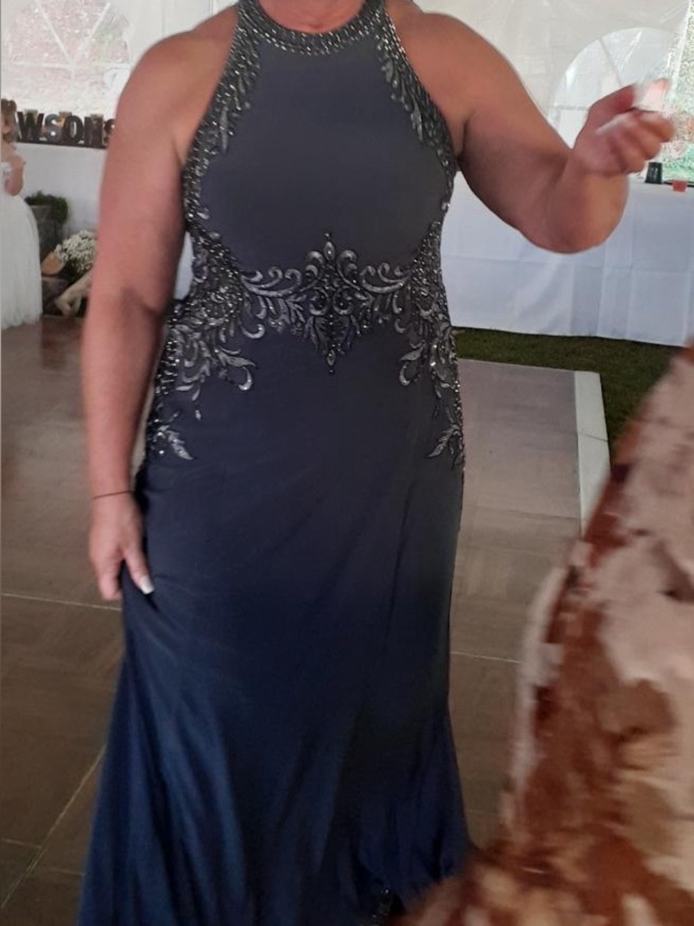 Elegant Embellished Halter Evening Dress - Charcoal Gray